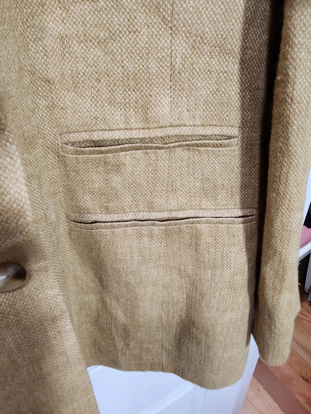 Ellen Tracy Company Petite Gold Tan 100% Linen Double Breasted Blazer Size 12
